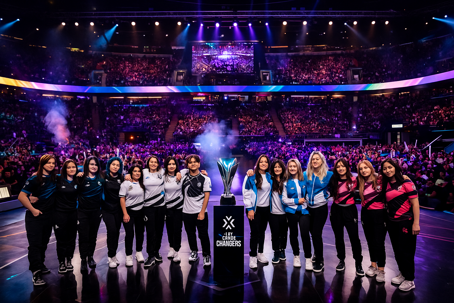 Jugadoras profesionales de VALORANT concentradas en el escenario del VCT Game Changers Championship 2025 durante una partida decisiva