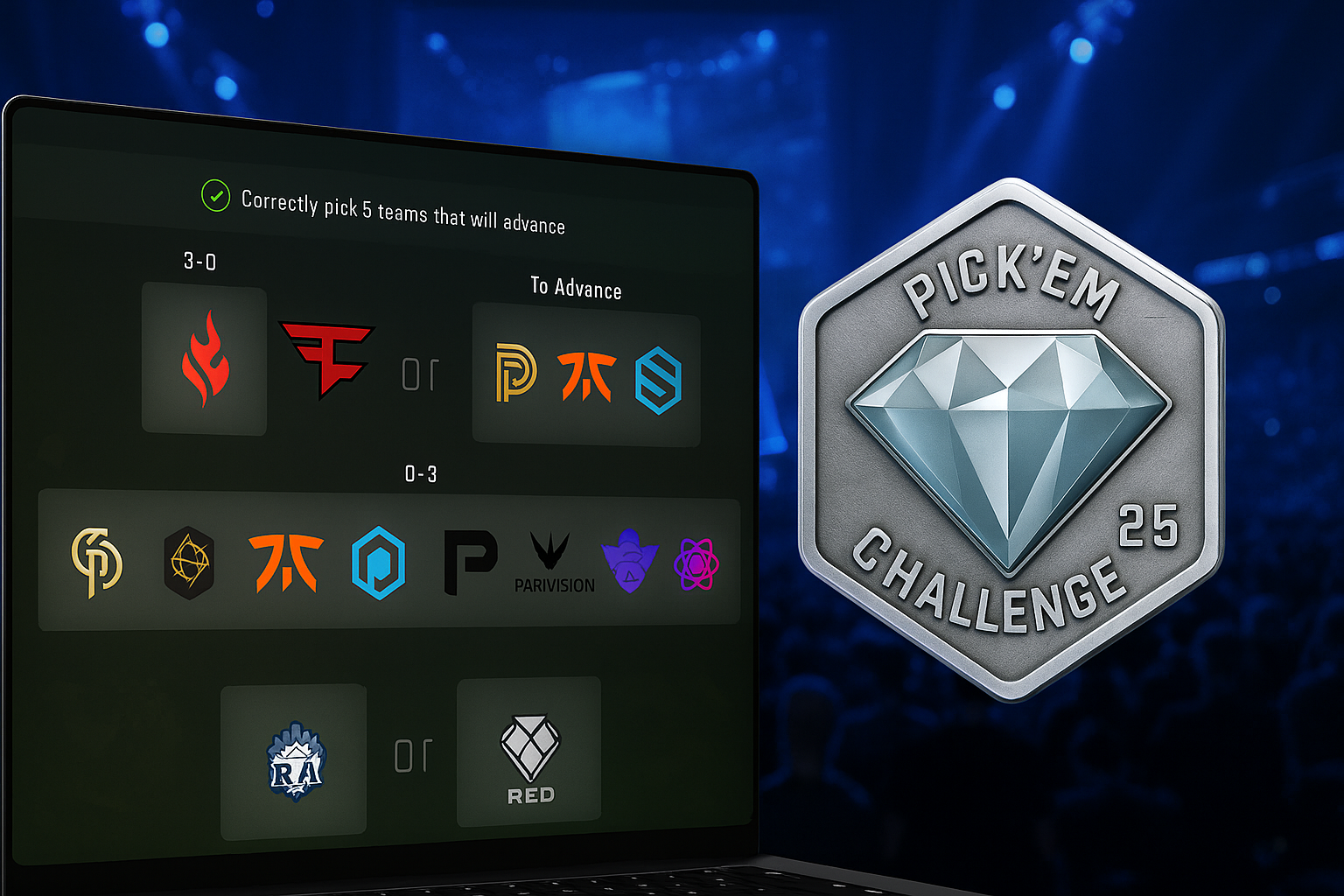 Interfaz de Pick’Em de CS2 con moneda de diamante frente a un escenario de esports en el StarLadder Budapest Major 2025