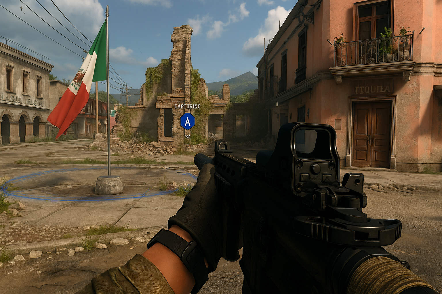 Vista en primera persona capturando un punto en un mapa urbano de Black Ops 7 durante el evento competitivo Proving Grounds