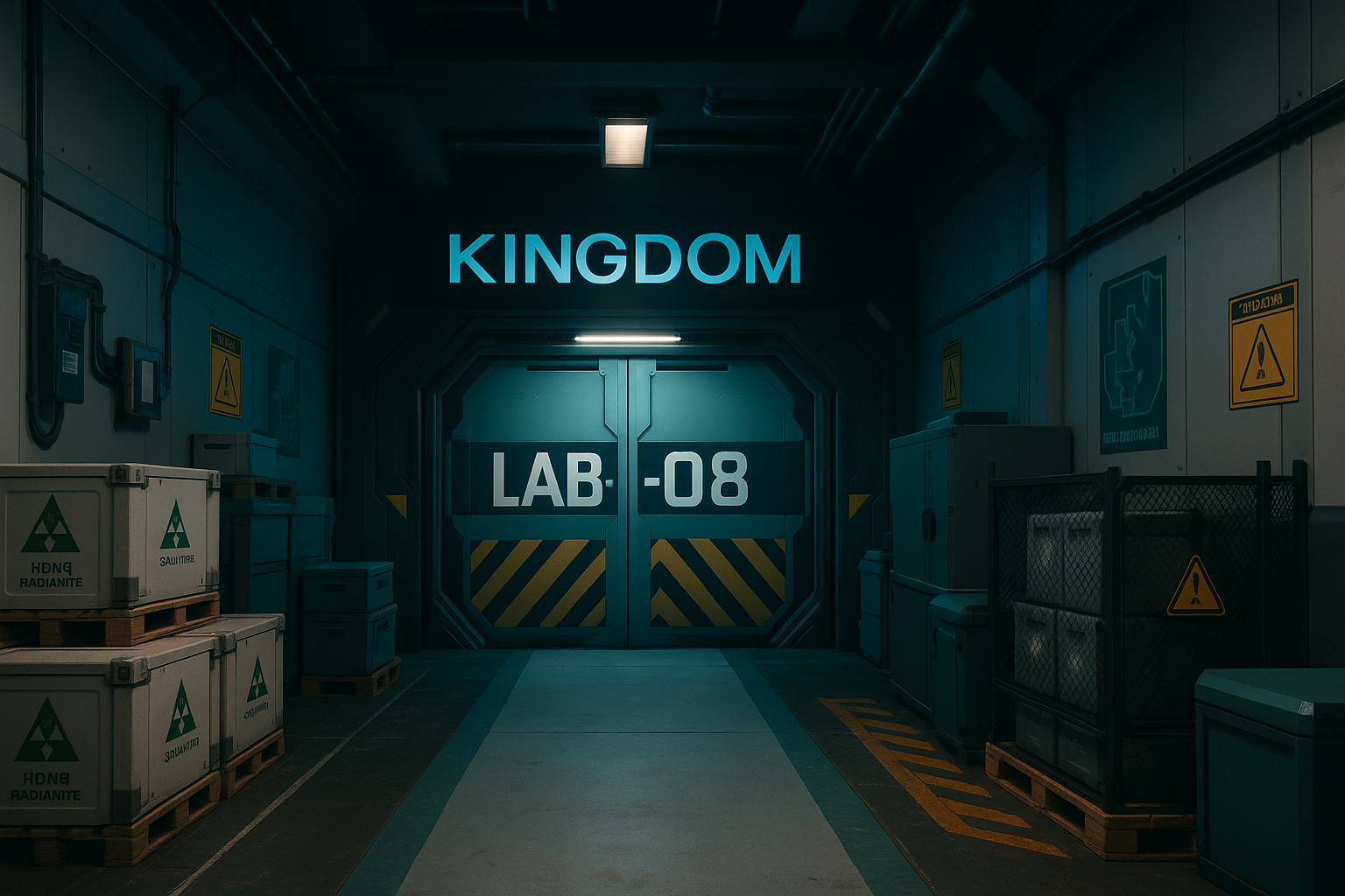 Pasillo futurista tipo laboratorio de Radianita inspirado en VALORANT dentro de la nueva oficina de Riot en Seattle