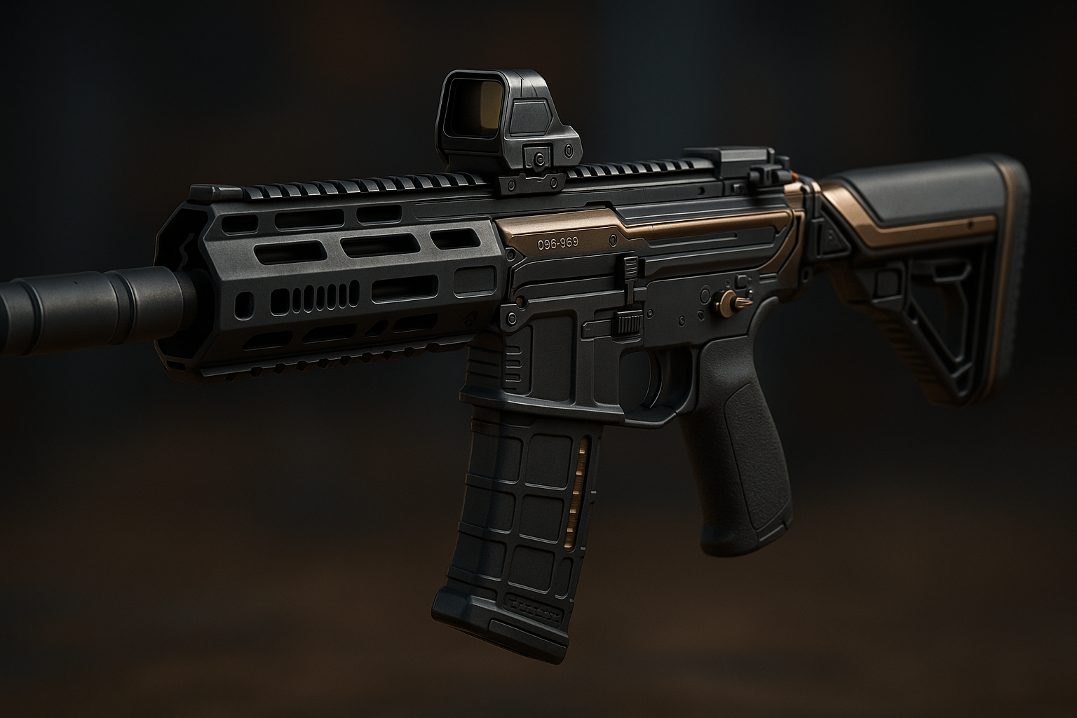 Rifle de asalto futurista estilo Maddox RFB en primer plano, con acabado negro y detalles metálicos, sobre fondo oscuro