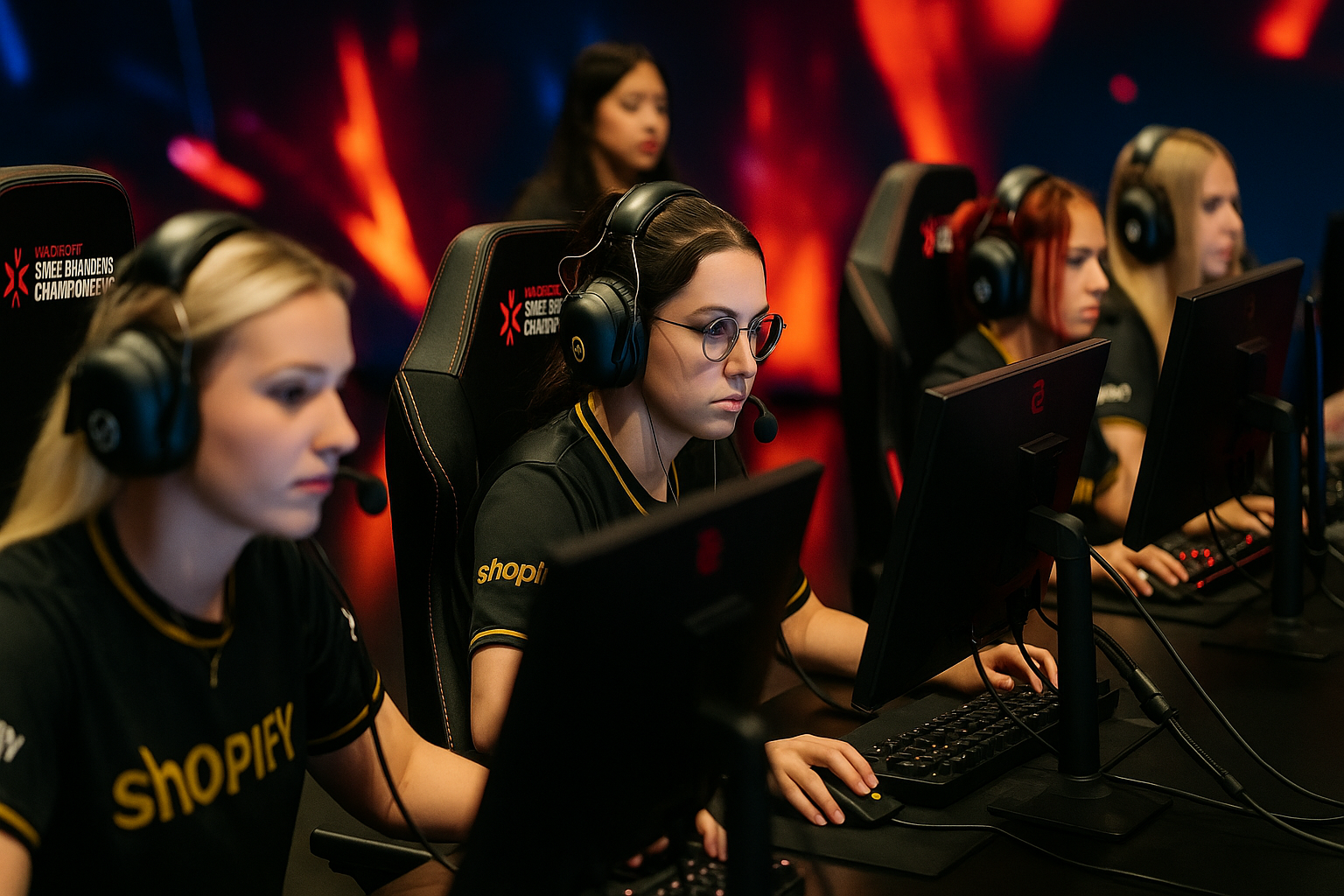 Jugadoras de Shopify Rebellion Gold compitiendo en el escenario del VCT Game Changers Championship 2025, concentradas frente a sus monitores