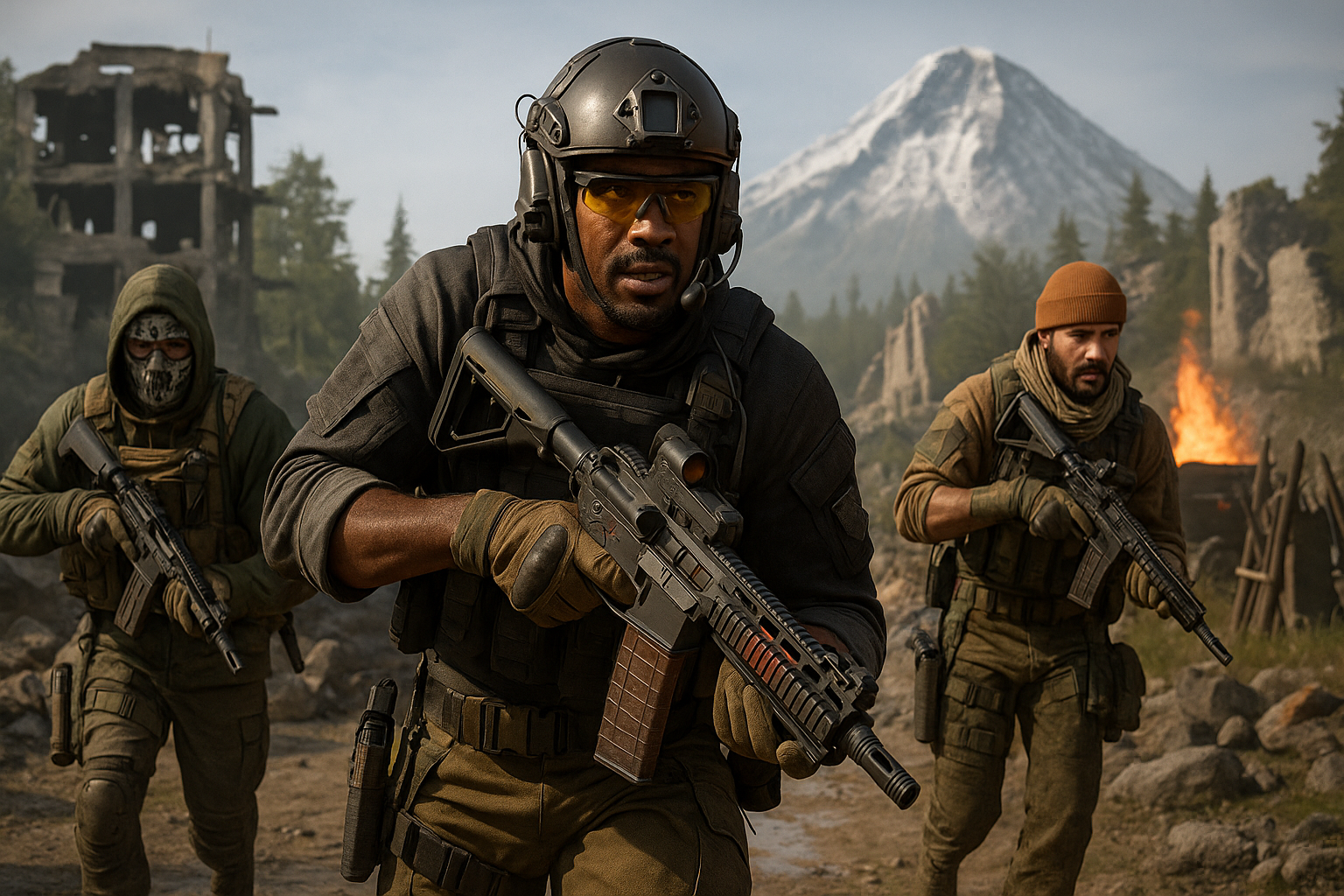 Escuadrón de tres operadores corriendo armados por un campo de batalla montañoso en Warzone, listos para el combate en la nueva Temporada 1