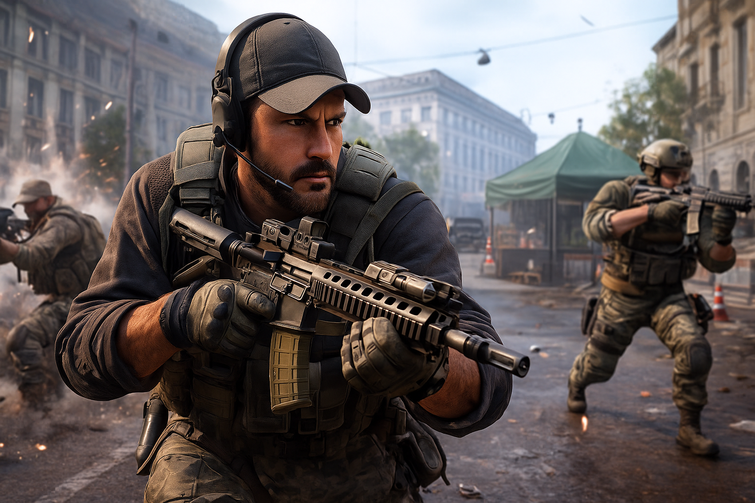 Comparación de jugadores y viewers de Black Ops 7, Battlefield 6 y ARC Raiders con paneles de estadísticas y fondo borroso de soldado táctico