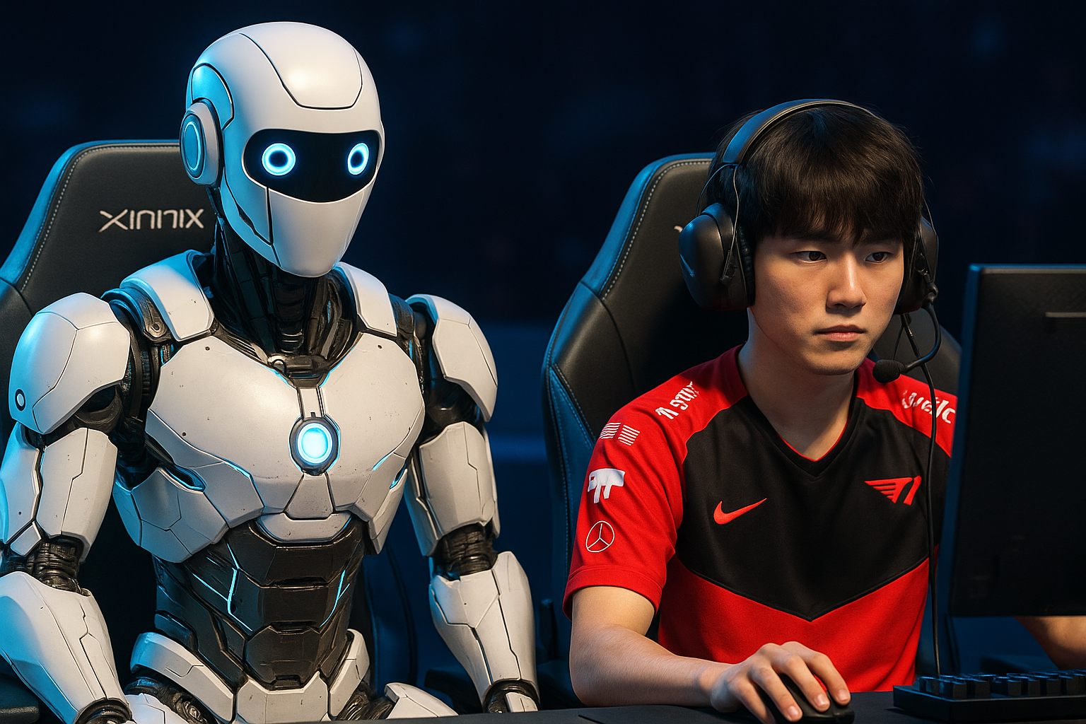 Robot humanoide y pro player de League of Legends compitiendo lado a lado en un escenario de esports futurista