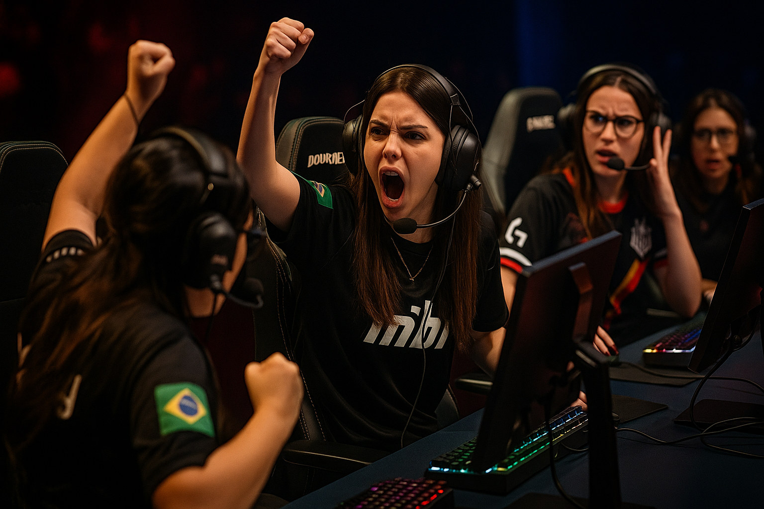 Jugadoras de MIBR GC celebrando euforia en el escenario tras vencer a G2 Gozen en el VCT Game Changers 2025, con rivales sorprendidas al fondo.
