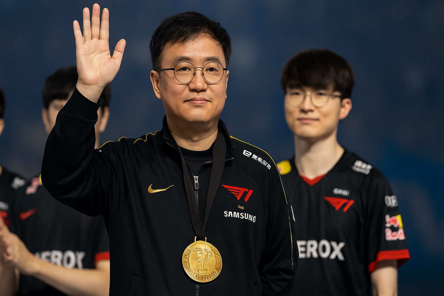 Entrenador coreano KkOma levantando la mano con medalla de campeón, frente a sus jugadores de T1 en un escenario de esports.