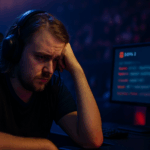 Jugador profesional de Dota 2 en escenario de esports, mirando la pantalla con cara de agotado mientras se insinúa un chat tóxico de fondo