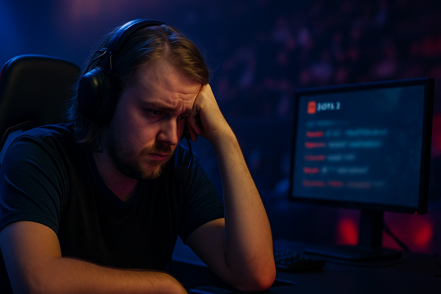Jugador profesional de Dota 2 en escenario de esports, mirando la pantalla con cara de agotado mientras se insinúa un chat tóxico de fondo