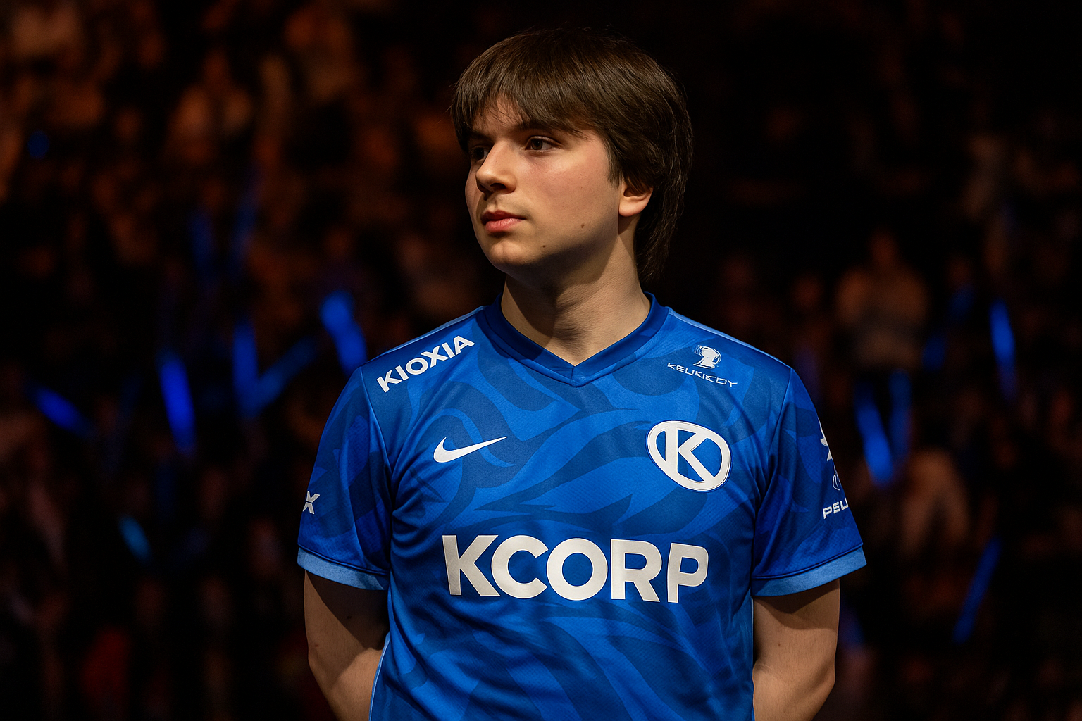 Jugador profesional de Karmine Corp en el escenario de la LEC, con luces azules y doradas y un público celebrando al fondo.