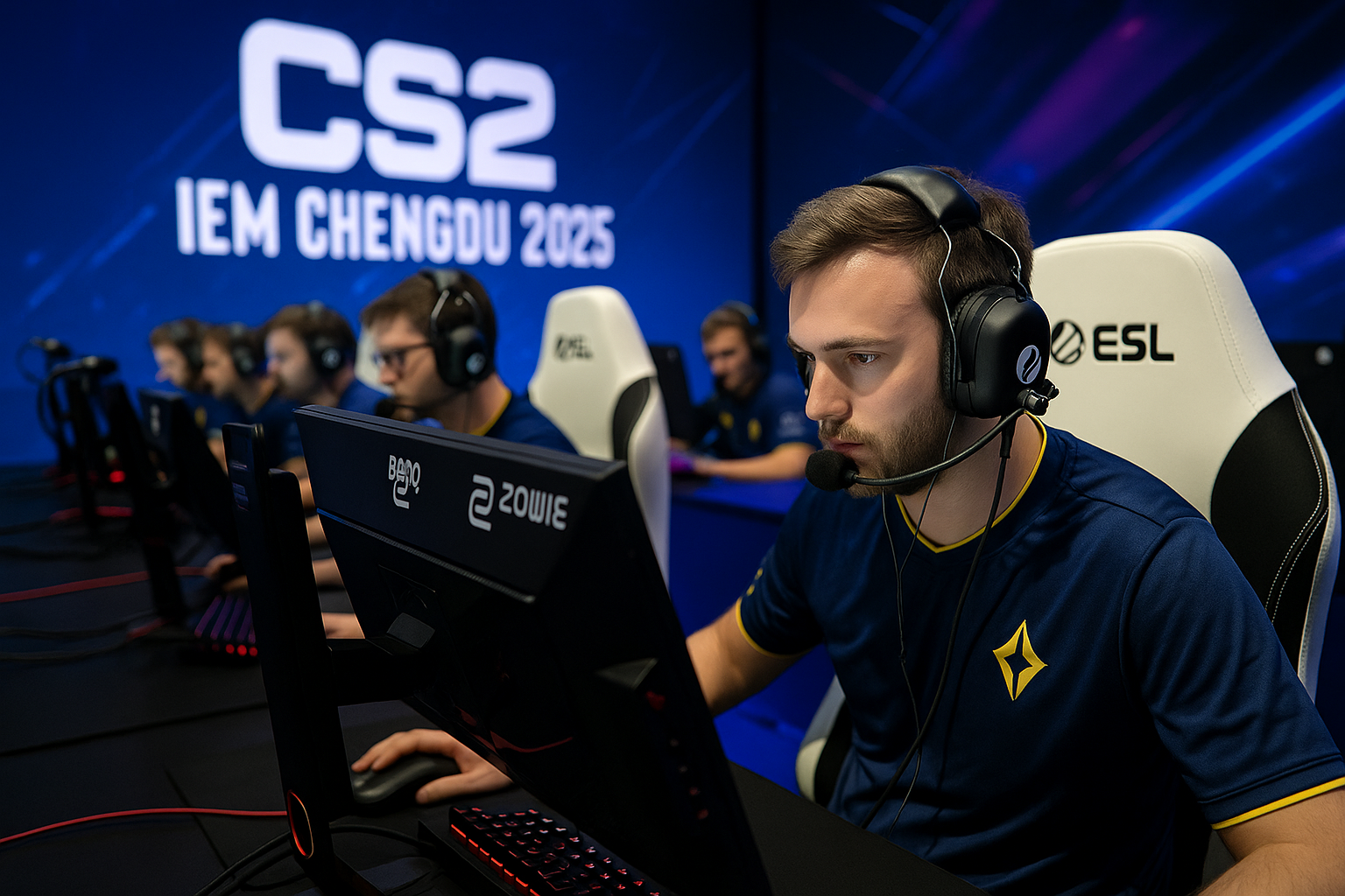 Jugadores profesionales compitiendo en el torneo CS2 IEM Chengdu 2025 durante una partida intensa en el escenario principal.