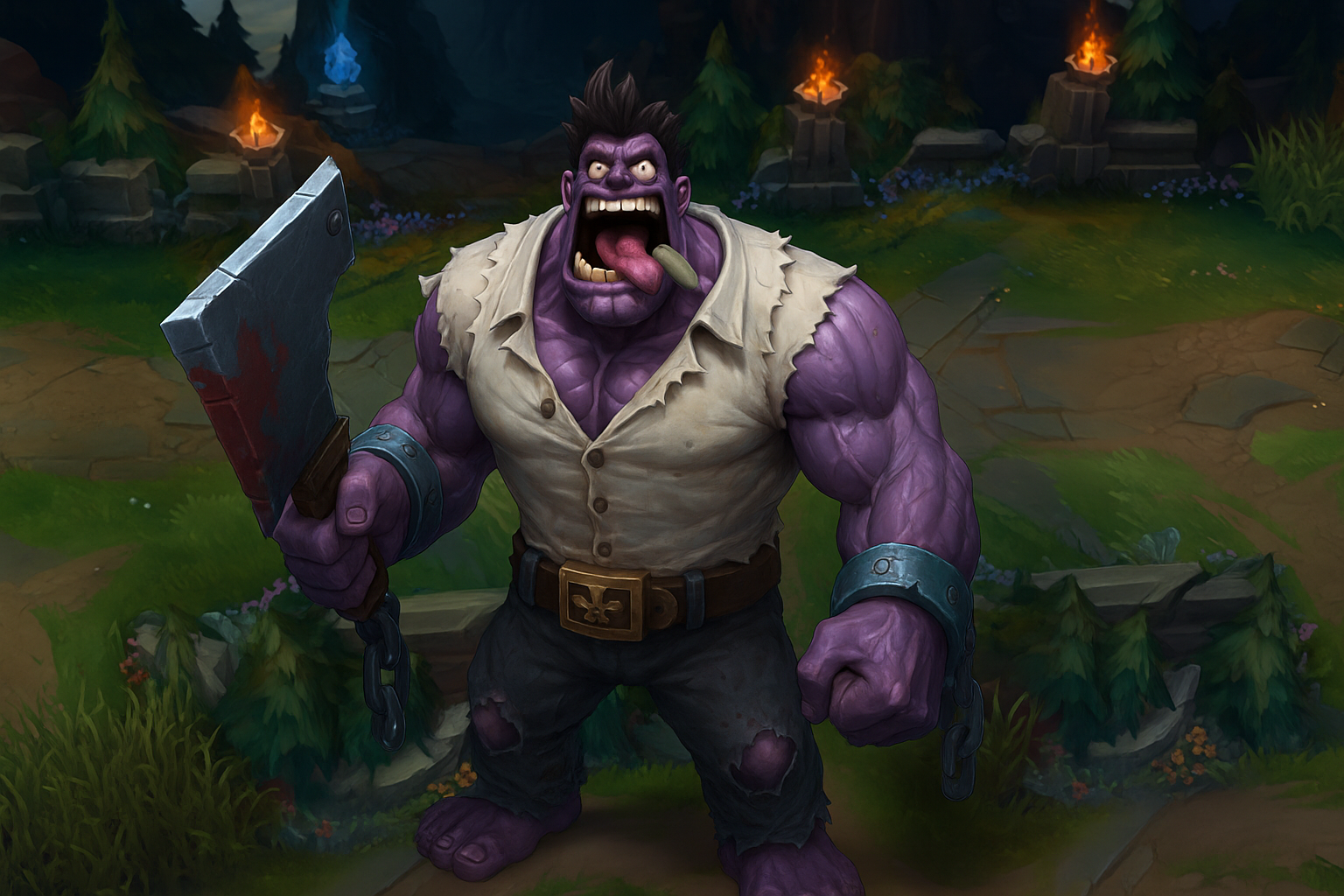 Dr. Mundo en la jungla de League of Legends durante Worlds 2025, mostrando su fuerza y estilo clásico del juego.