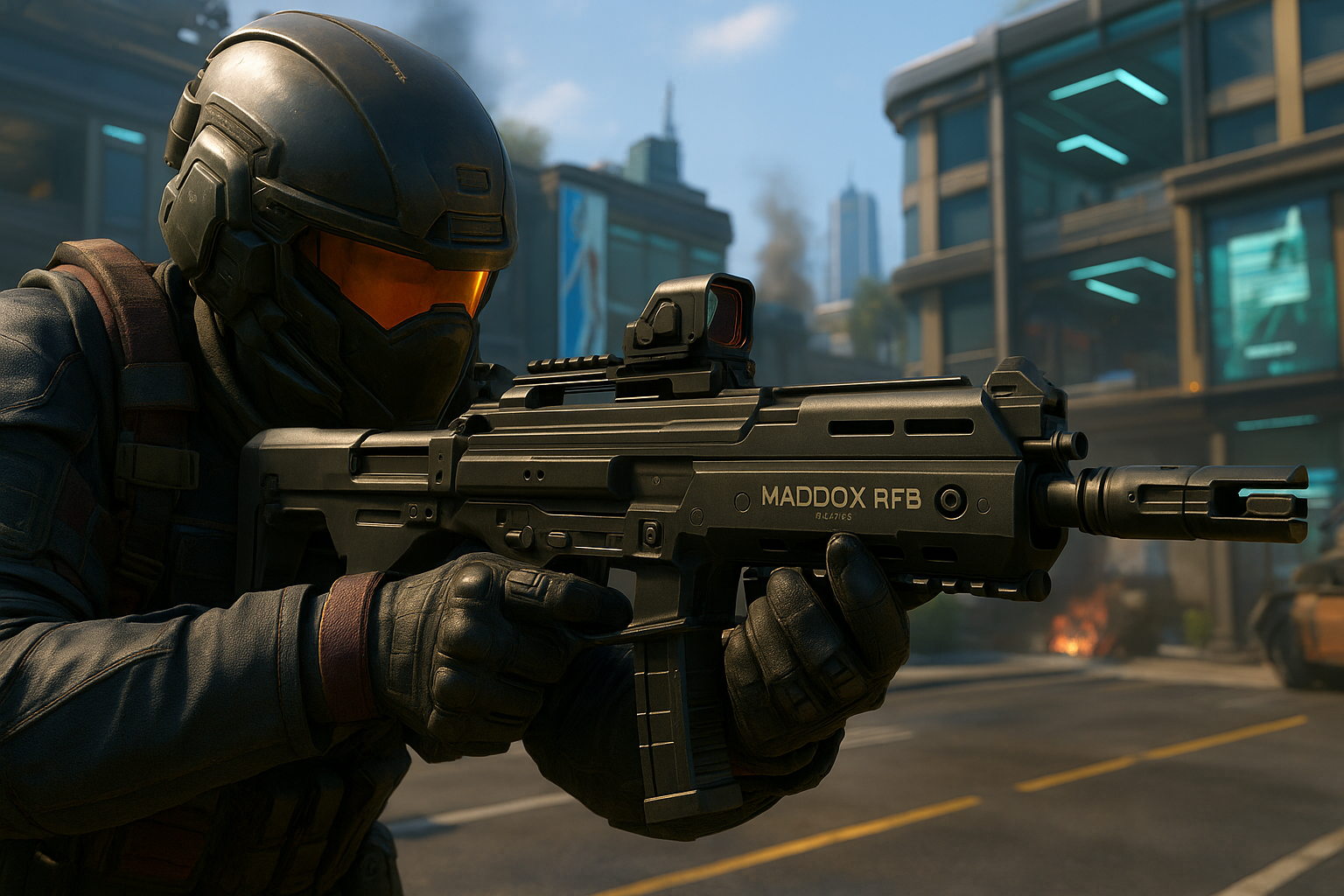 Soldado futurista apuntando con la Maddox RFB en plena batalla urbana de Black Ops 7