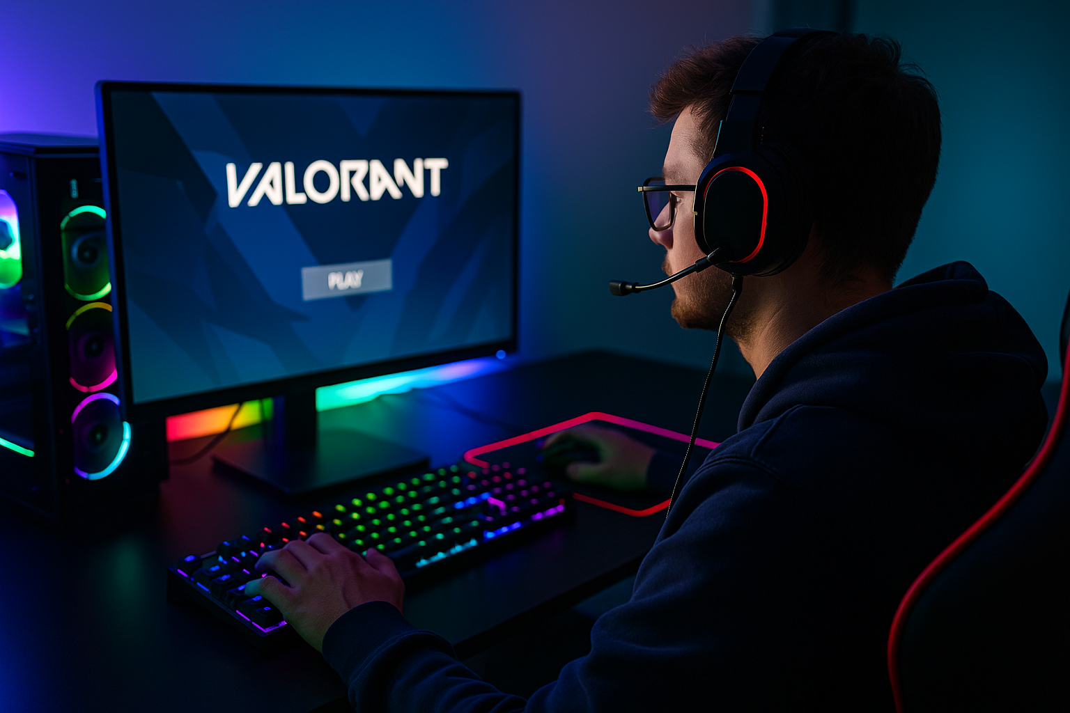 Jugador intentando abrir VALORANT en su PC gamer con setup RGB y botón de Play en pantalla