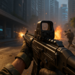 Vista en primera persona disparando la Maddox RFB en una calle urbana de Warzone con explosiones al fondo