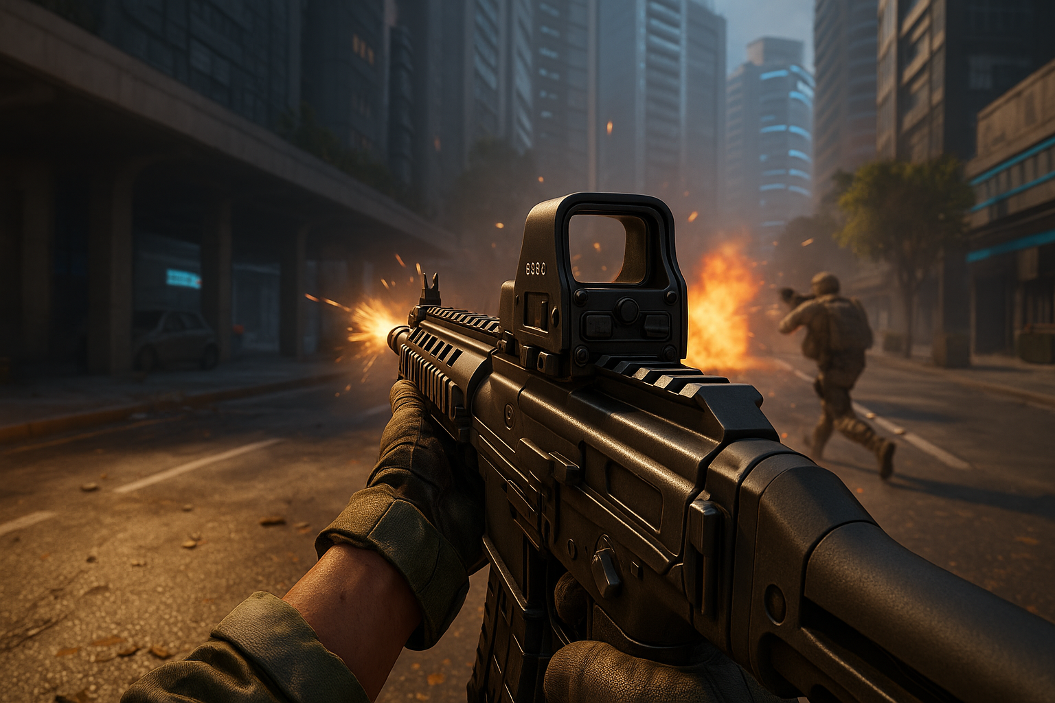 Vista en primera persona disparando la Maddox RFB en una calle urbana de Warzone con explosiones al fondo