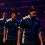 Jugadores de Team Liquid cabizbajos saliendo del escenario del Major de Budapest con la hinchada de fondo
