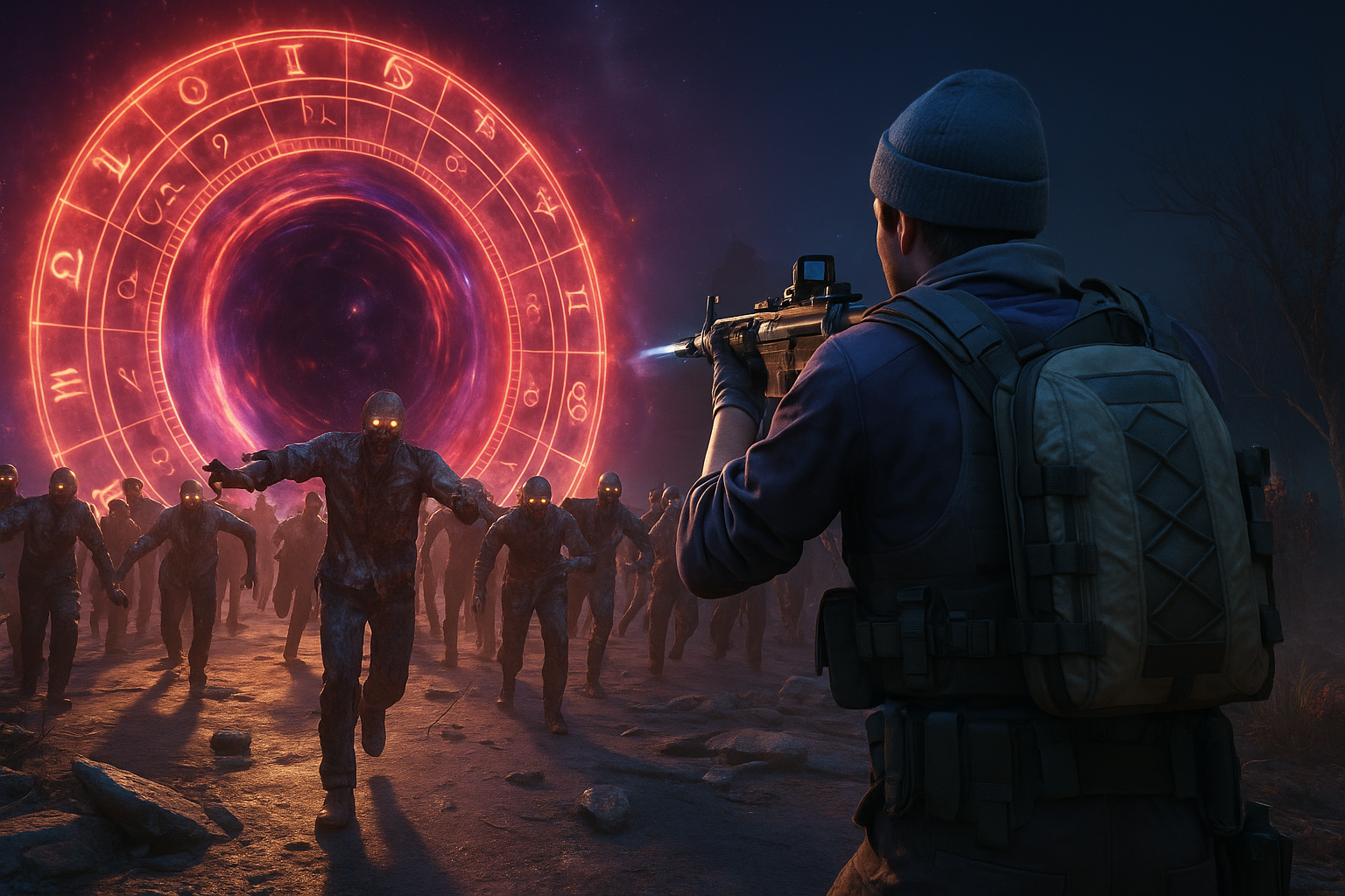 Operador de Black Ops 7 apuntando a una horda de zombis que sale de un portal rojo del evento Astra Malorum