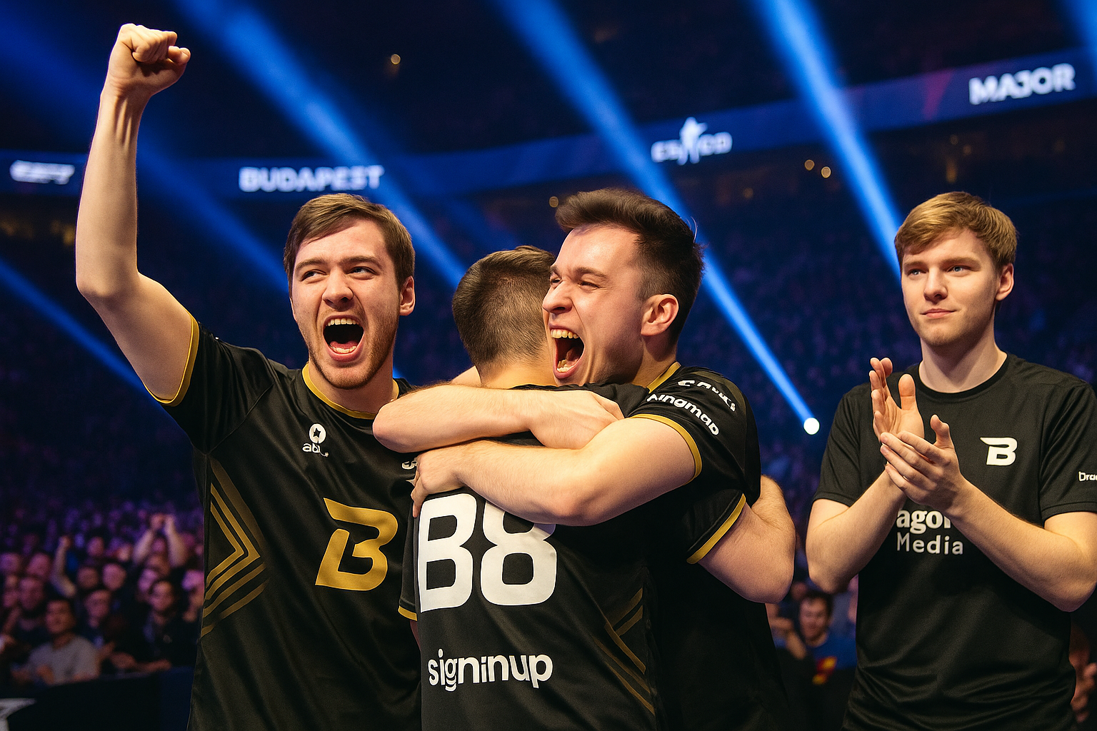 Jugadores de B8 celebrando eufóricos en el escenario del Budapest Major tras vencer a paiN, con luces azules y púrpuras y público de fondo