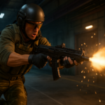 Soldado disparando la Kogot-7 en un pasillo industrial de Black Ops 7, con chispas y fogonazo del arma