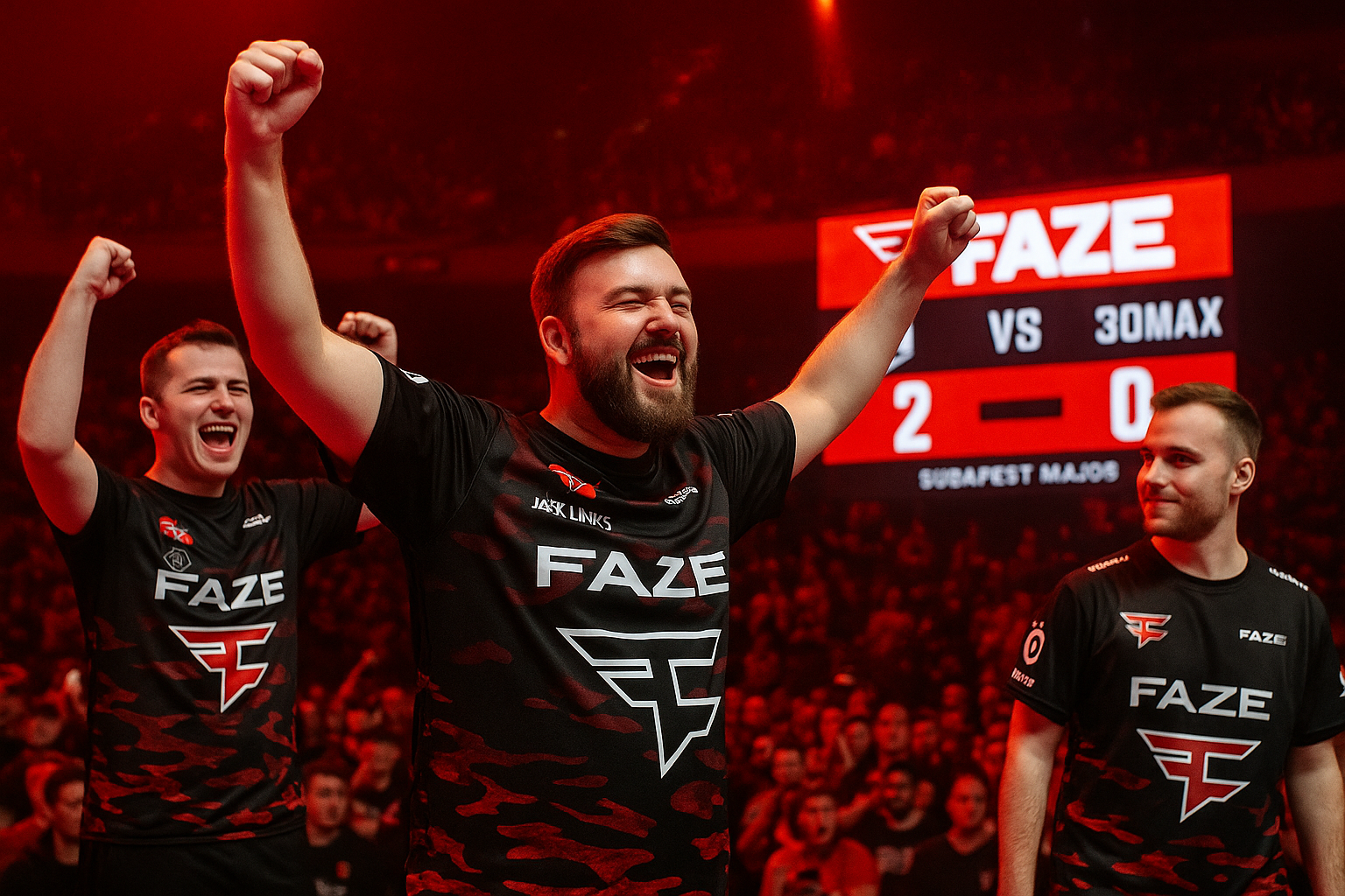 Jugadores de FaZe celebrando eufóricos en el escenario del Budapest Major tras ganarle 2-0 a 3DMAX, con luces rojas y público de fondo