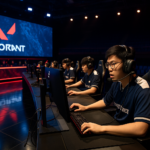 Jugadores de VALORANT compitiendo en LAN en Seúl, con escenario y pantallas del torneo, ideal pa’ la SOOP Valorant League 2025.