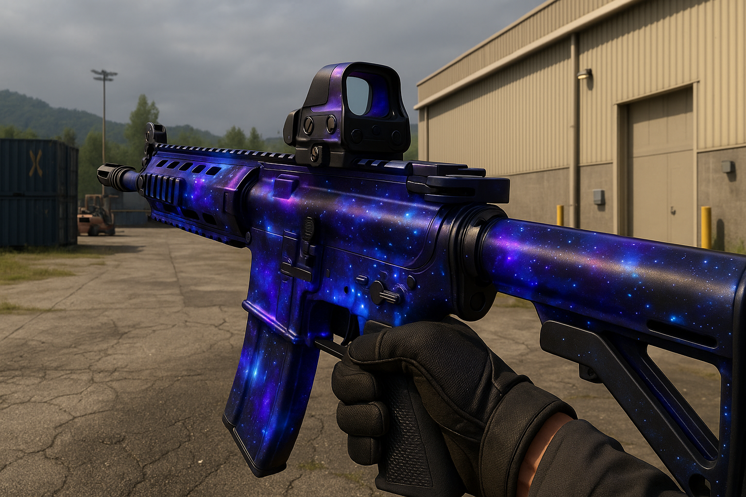 Primer plano de un arma con skin cósmica tipo Nexus Horizon en BO7, con tonos morados y azules brillando en un mapa industrial.