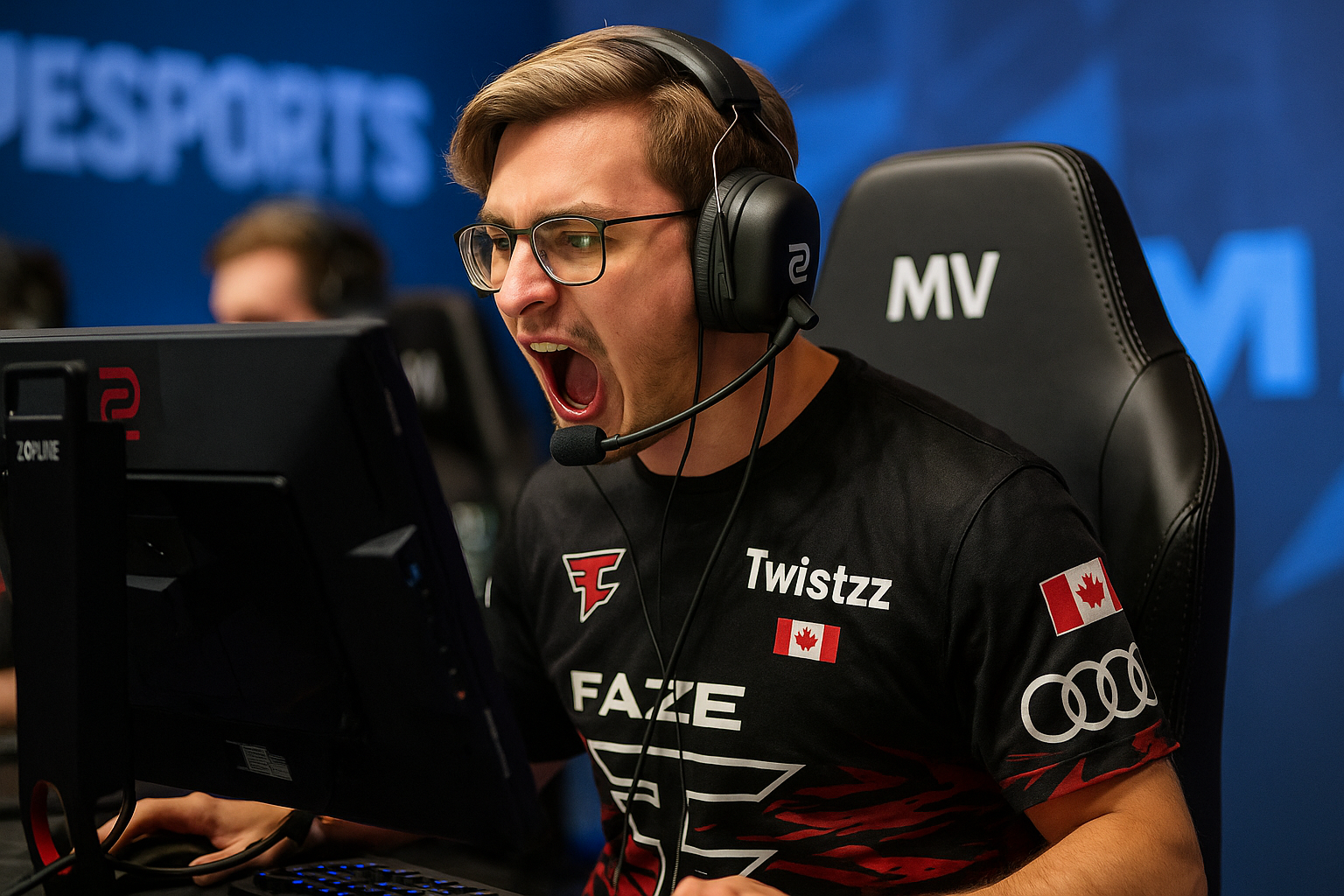 Jugador de FaZe celebrando en pleno partido LAN de CS, clave en el triunfo sobre Passion UA rumbo a playoffs en Budapest.