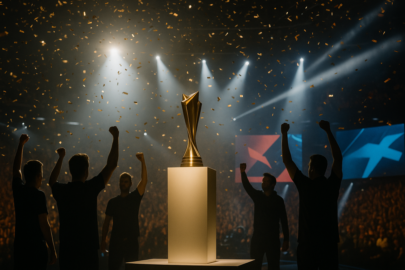Trofeo dorado en un escenario con confeti y jugadores celebrando, perfecto pa’ acompañar la lista de ganadores de los VCT Awards 2025.