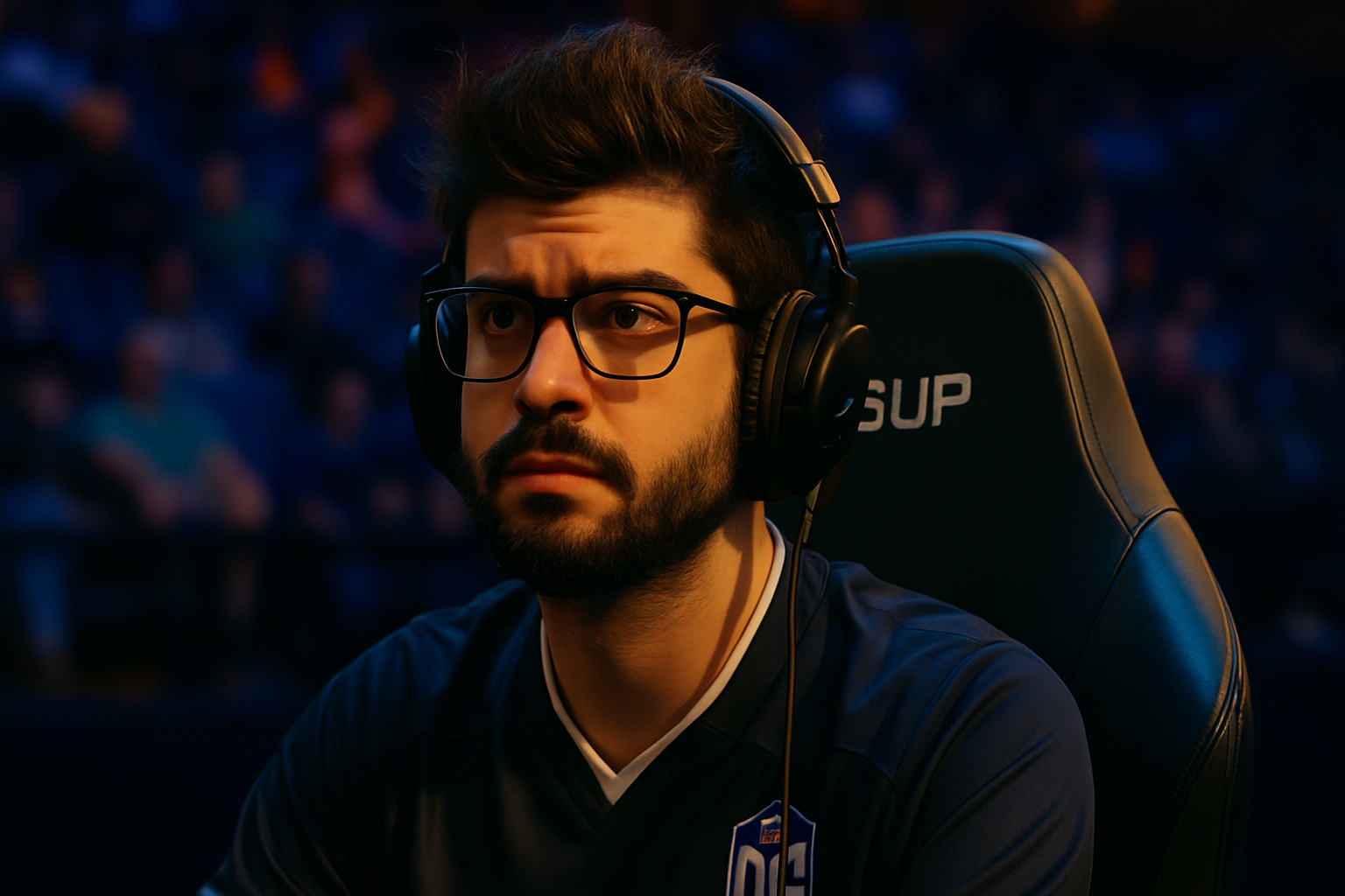 Ceb, leyenda de Dota 2, en escenario LAN con audífonos y mirada seria tras anunciar su retiro de Games of The Future 2025 por temas políticos.