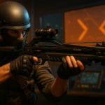 Operador táctico apuntando con una ballesta en una sala de control, imagen ideal pa’ el evento Rally Point de BO7 y Warzone Temporada 1.
