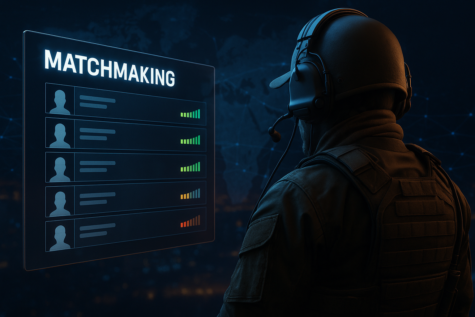 Pantalla de matchmaking de Black Ops 7 mostrando ping y jugadores conectados en un mapa global estilo e-sports