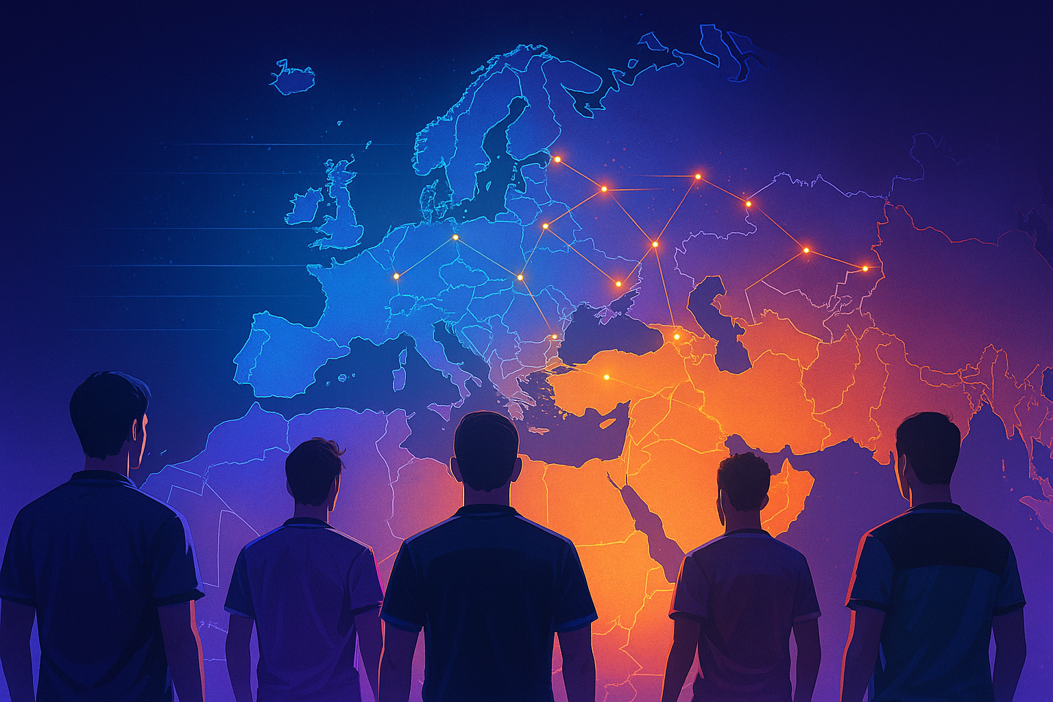 Jugadores de League of Legends mirando un mapa EMEA iluminado, representando las ligas regionales sin cupos locales obligatorios