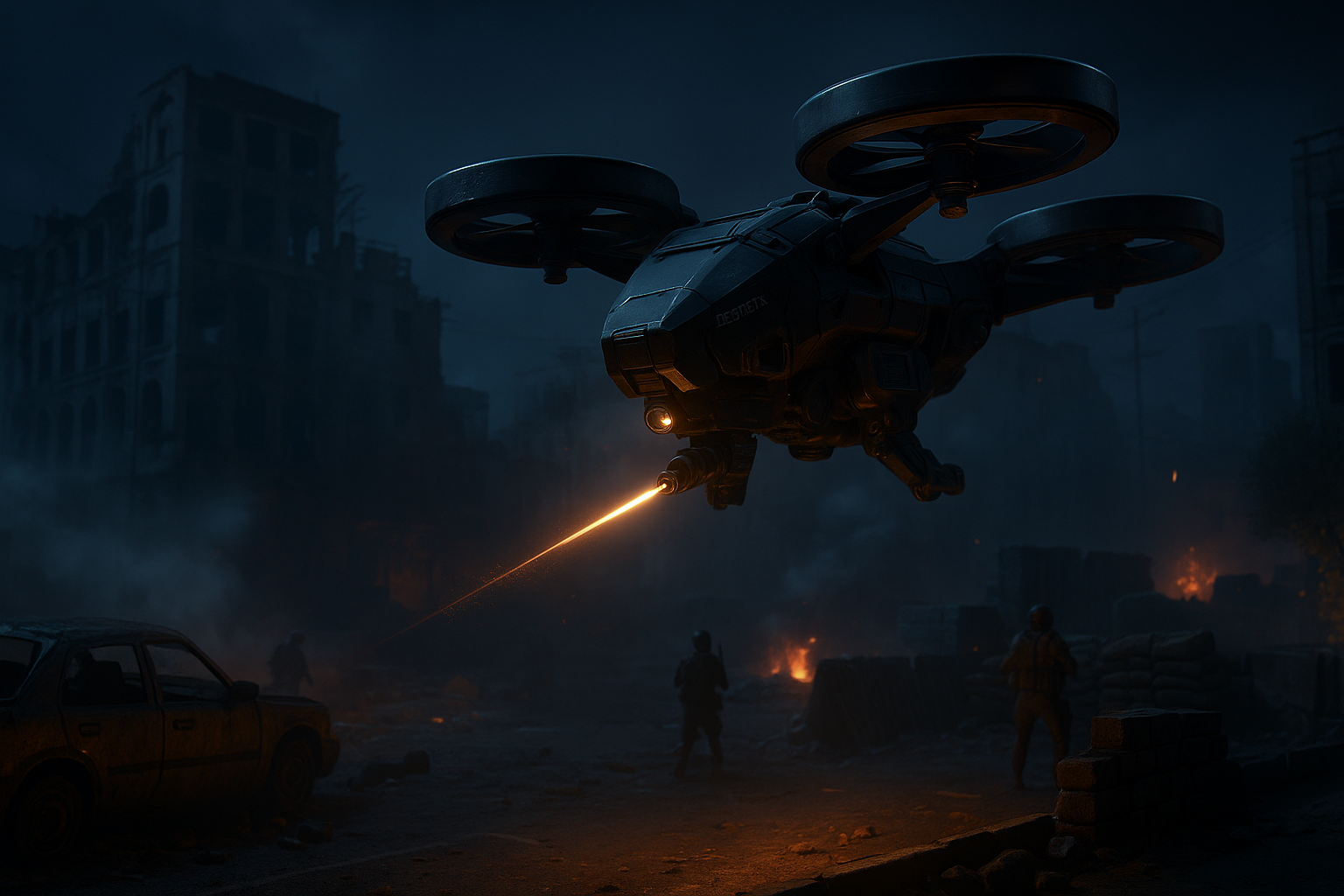 Dron Deadeye disparando desde el cielo sobre un mapa urbano en Black Ops 7 durante una partida multijugador