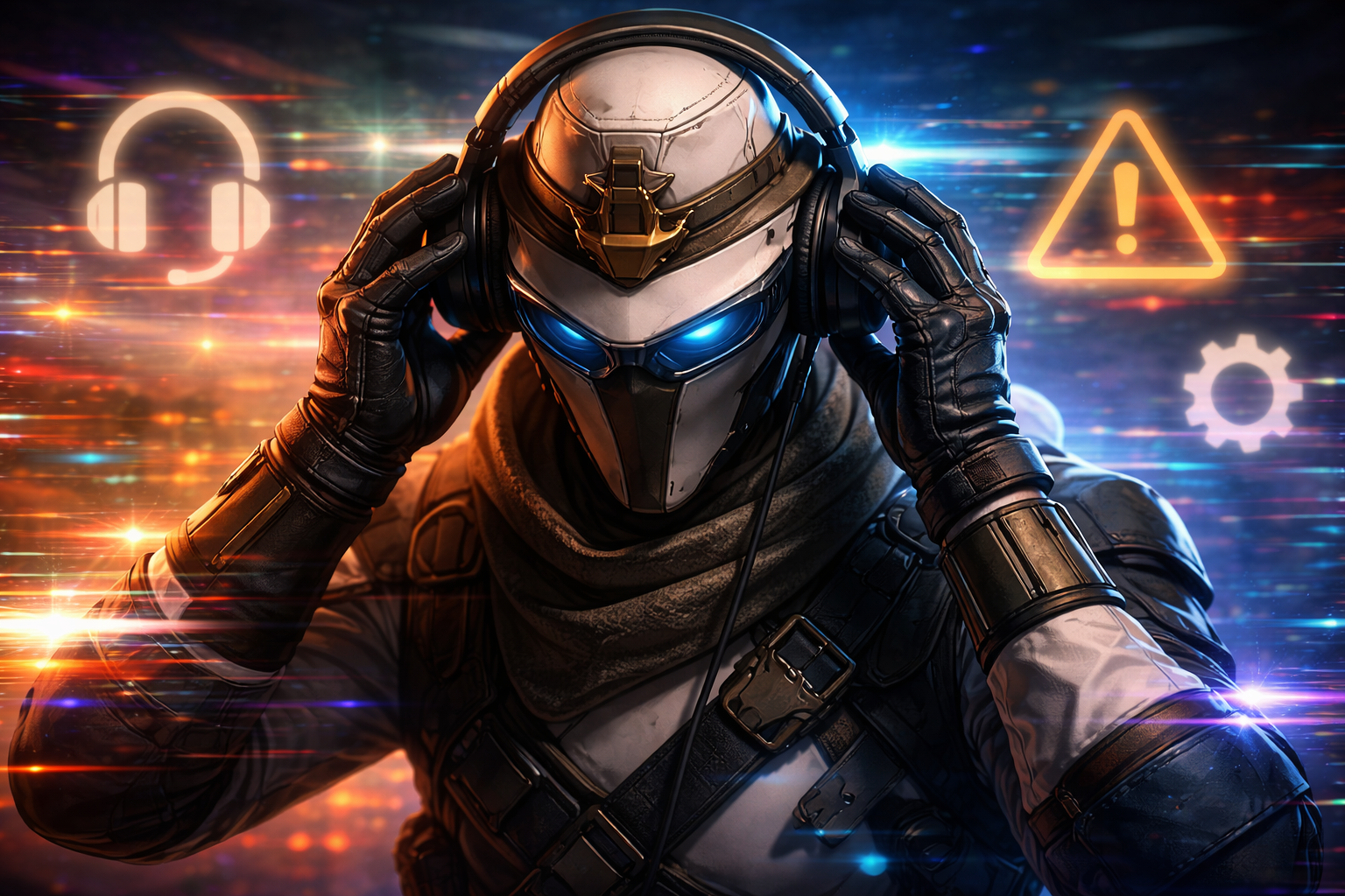 Agente estilo VALORANT ajustando sus audífonos con alertas de sistema al fondo, ideal pa’ una guía para arreglar el audio tapado (muffled).