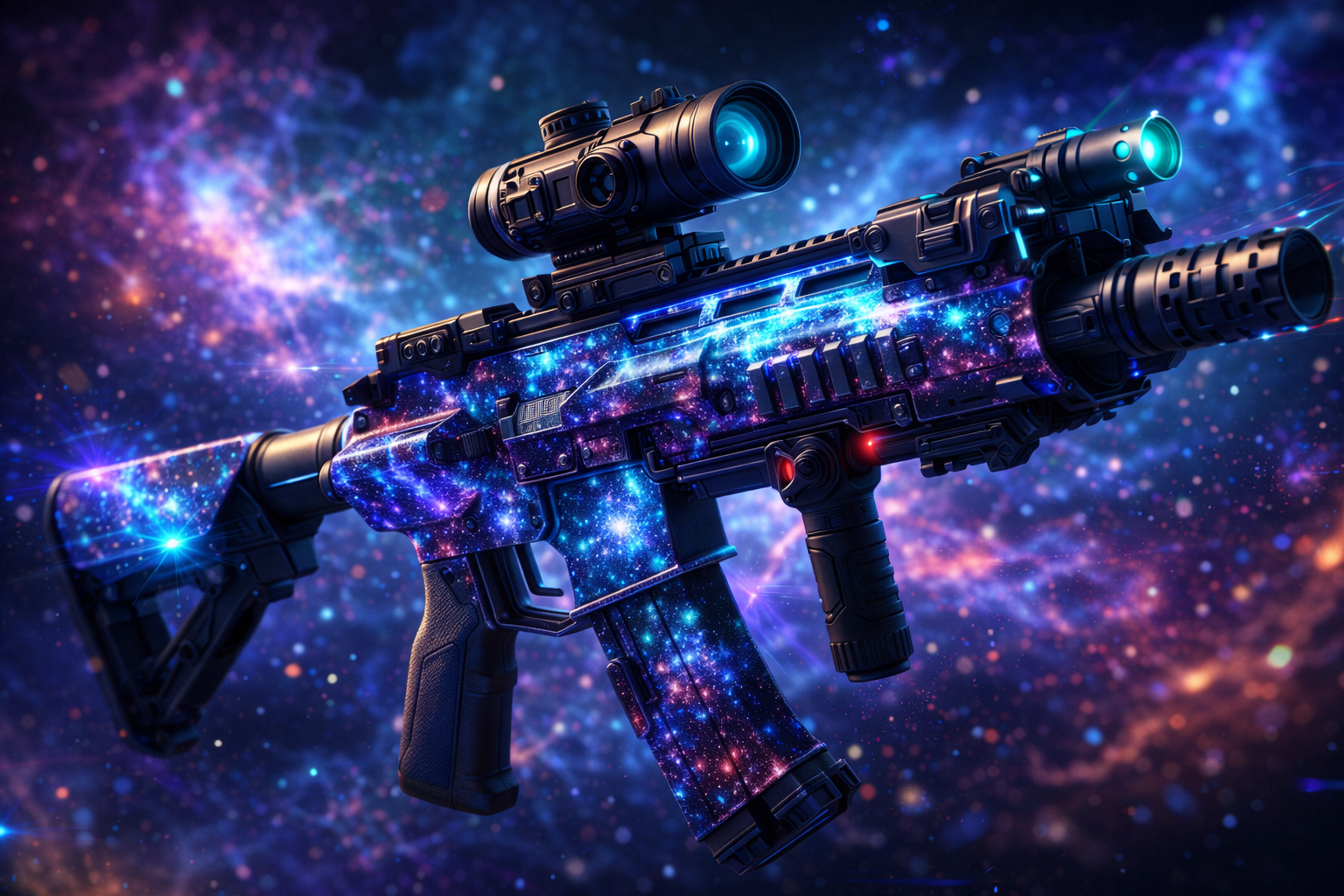 Rifle futurista con camuflaje Nexus Horizon tipo galaxia, con brillos morados y azules, ideal pa’ la guía de cómo desbloquear el camo secreto en BO7.