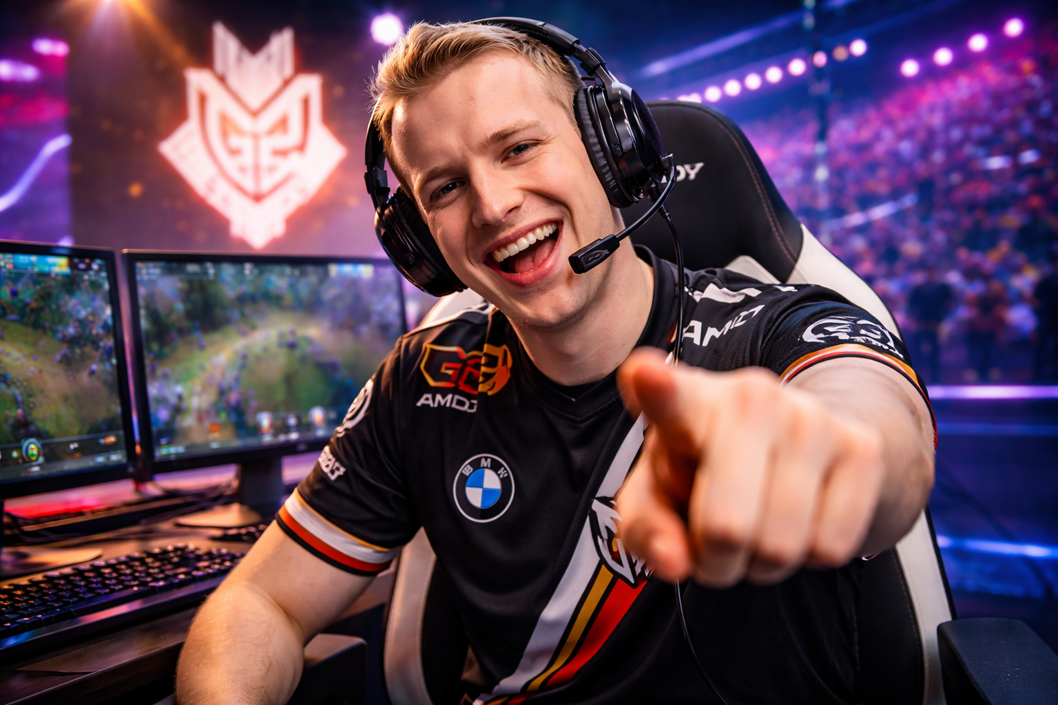 Jankos con la camiseta de G2 frente a PCs y luces de escenario, posando como creador de contenido de League of Legends para la LEC 2026.