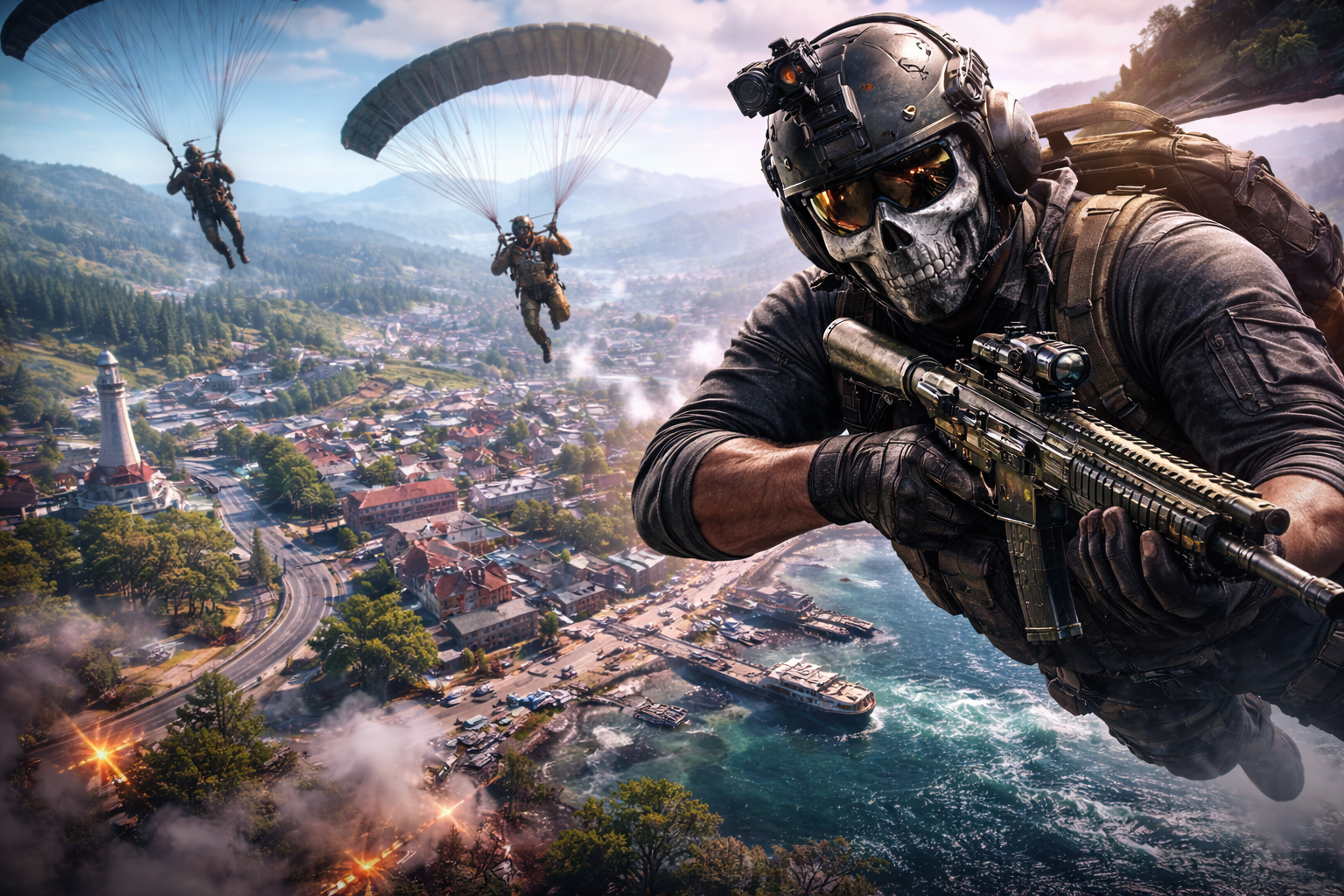 Operadores cayendo en paracaídas sobre Haven’s Hollow en Warzone, con la ciudad costera y varios POIs al fondo, ideal pa’ elegir el mejor drop en Temporada 1.