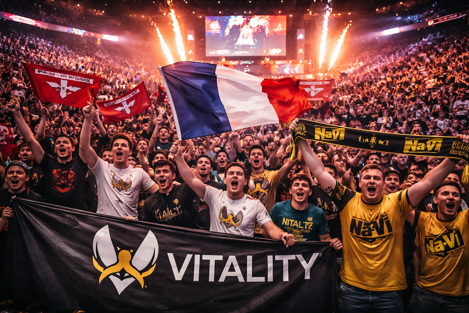 Hinchas prendidos en un Major de CS2 en Budapest, con banderas y camisetas de Vitality, FaZe y NAVI en el MVM Dome