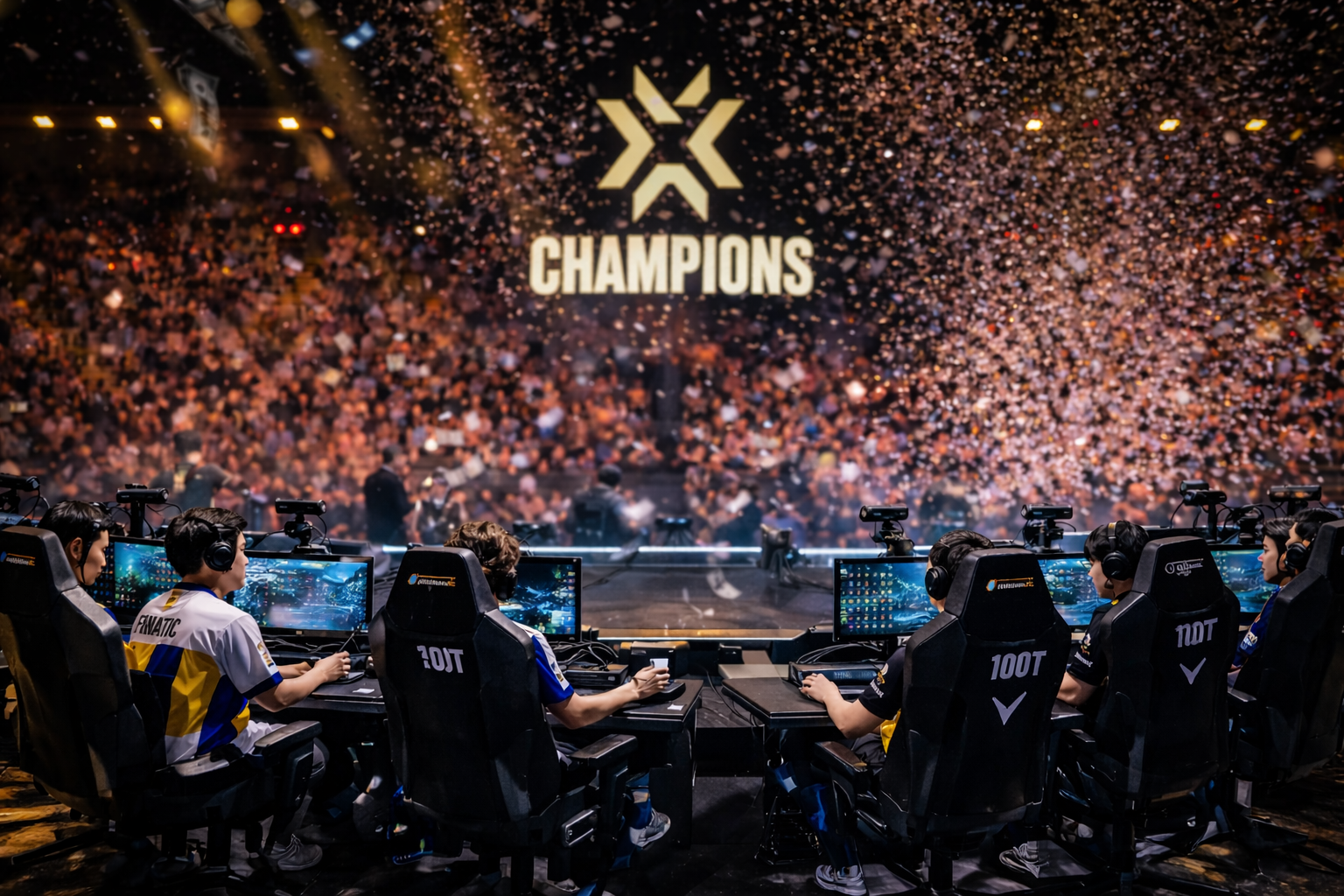 Escenario del VCT con dos equipos compitiendo frente a una arena llena, con luces potentes y confeti en el aire.