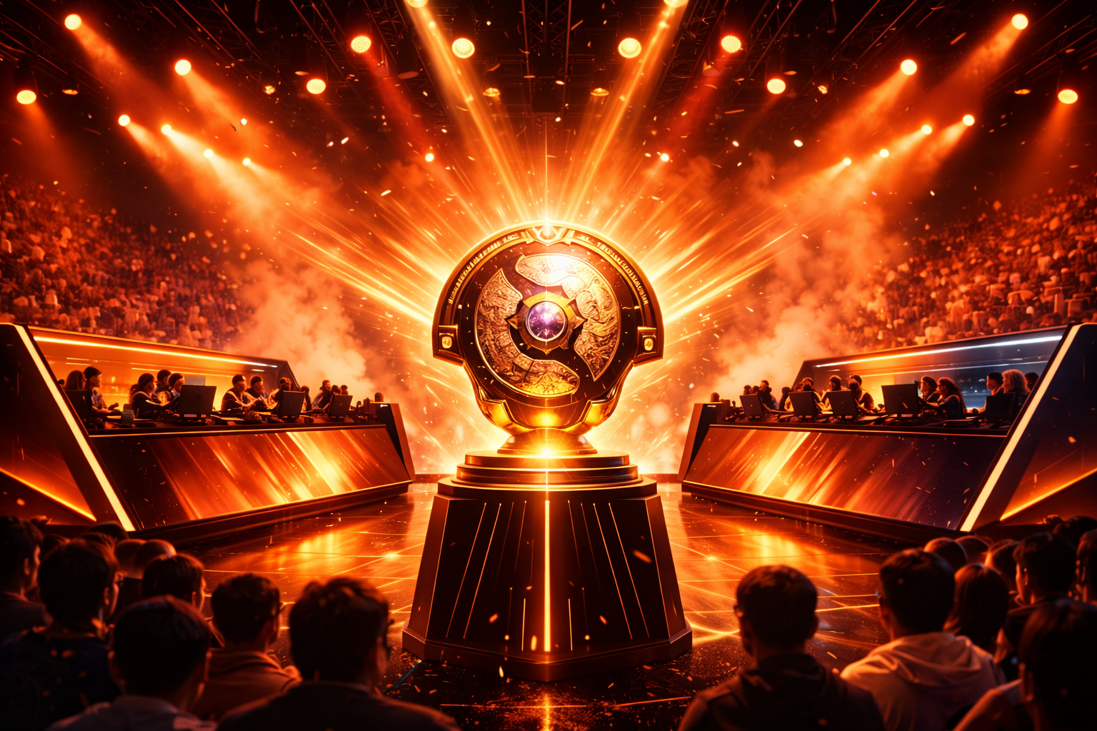 Escenario de torneo de Dota 2 con el trofeo al centro, iluminación cálida en tonos dorados y naranjos, equipos compitiendo a ambos lados y público al fondo.