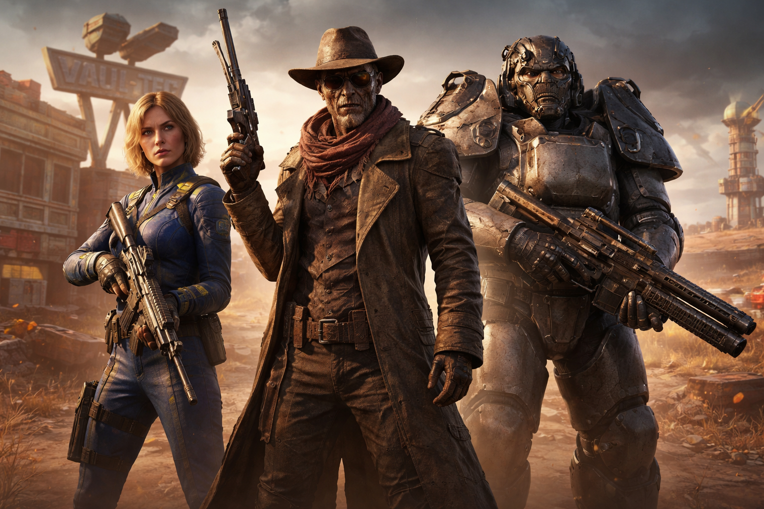 Lucy, The Ghoul y Maximus en un escenario postapocalíptico tipo Nuketown para el crossover Call of Duty x Fallout