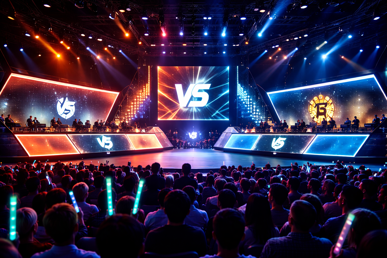 Escenario de esports con duelo en vivo y público lleno de luces, estilo torneo LEC Versus 2026