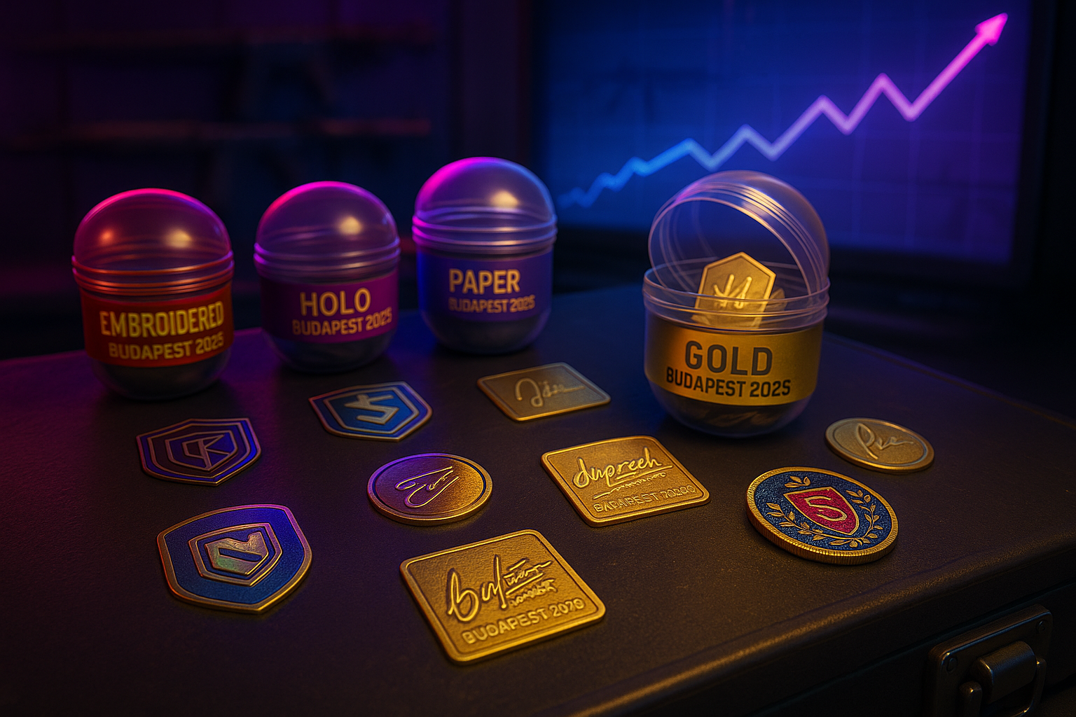 Stickers del Budapest Major 2025 sobre una mesa de trading de CS2 con cápsulas abiertas y un gráfico de precios de fondo