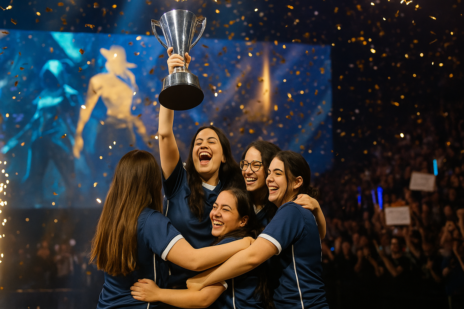 Equipo femenino tipo Team Liquid Brazil celebrando en el escenario con el trofeo del VCT Game Changers Championship 2025 en alto