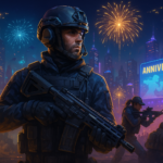 Operadores de COD Mobile posando en una ciudad futurista de noche con fuegos artificiales por el Sixth Anniversary y una zona tipo DMZ al fondo