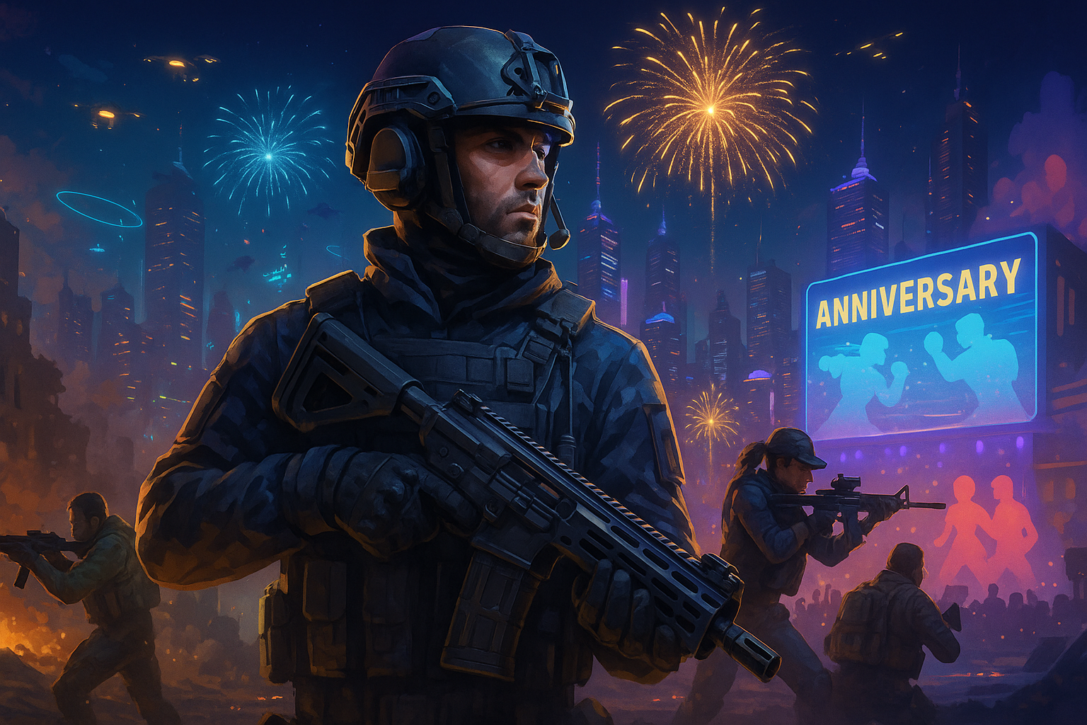 Operadores de COD Mobile posando en una ciudad futurista de noche con fuegos artificiales por el Sixth Anniversary y una zona tipo DMZ al fondo