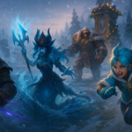 Campeones de League of Legends con skins invernales peleando en la Grieta nevada durante el parche 25.24