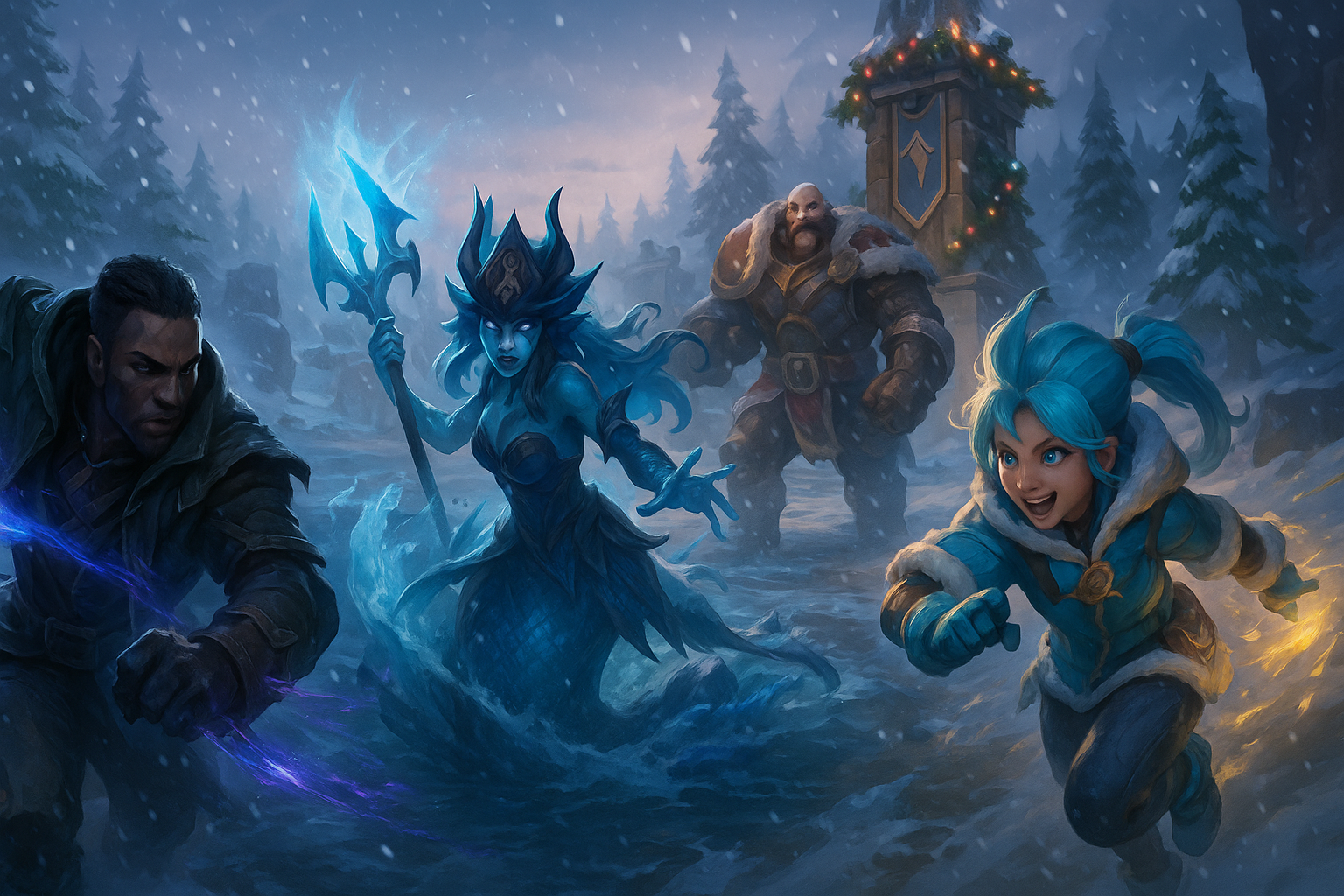 Campeones de League of Legends con skins invernales peleando en la Grieta nevada durante el parche 25.24