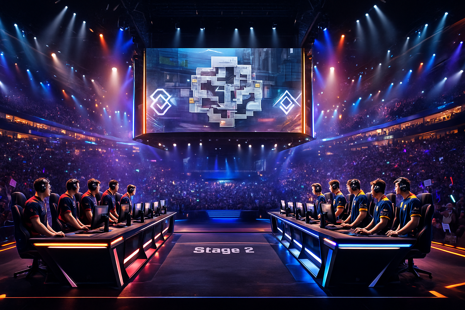 Equipos de CS2 enfrentados en el escenario del StarLadder Budapest Major 2025 durante la Stage 2 con el público de fondo